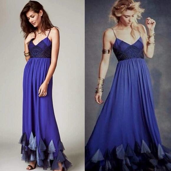 Free People Forget Me Not Blue Chiffon Maxi Dress Sleeveless NWT Size 4 - Picture 1 of 11